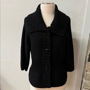 St. John Black Chunky Knit Wool Blend Button Down Cardigan Sweater Size Medium